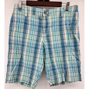 Sonoma Bermuda Shorts Women Size 12 Teal Blue Plaid Cotton Spandex